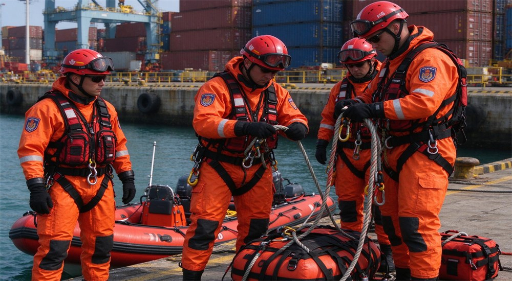 Coast guard team at port facility preparing emergency response equipment with life jackets dry suits and rescue gear organized for rapid deployment during maritime rescue operations and government procurement