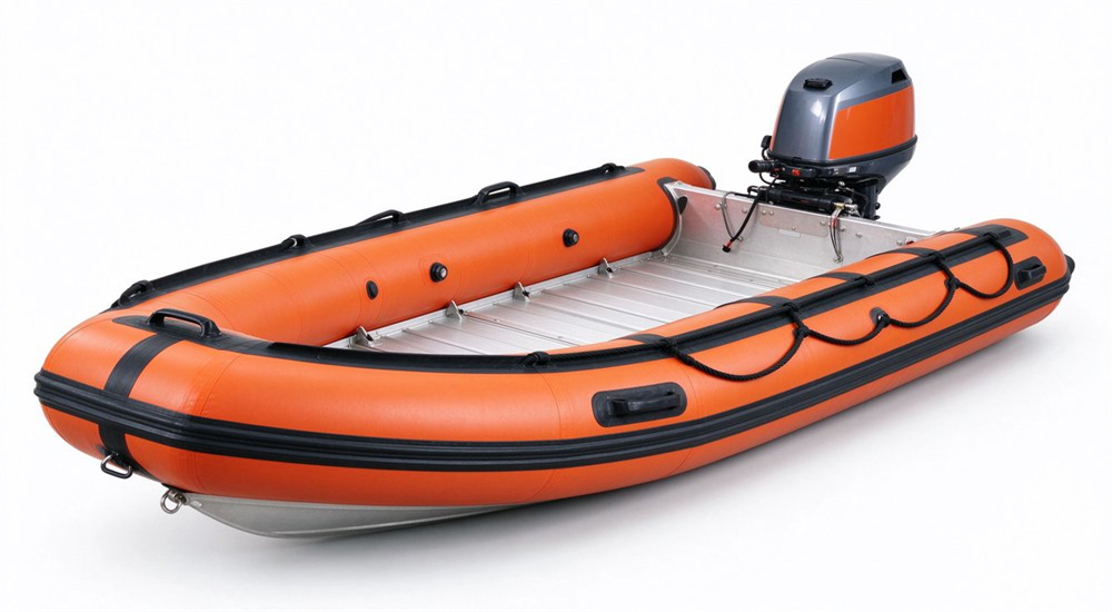 Inflatable rescue boat IRB with aluminum floor displayed showing orange hull black transom and towing points for coastal flood and ocean rescue operations with marine communication