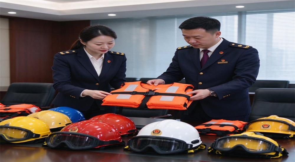Government procurement officers reviewing and inspecting life jacket samples and maritime rescue equipment during formal purchase evaluation process for coast guard equipment supply contracts Government procurement officers reviewing and inspecting life jacket samples and maritime rescue equipment during formal purchase evaluation process for coast guard equipment supply contracts
