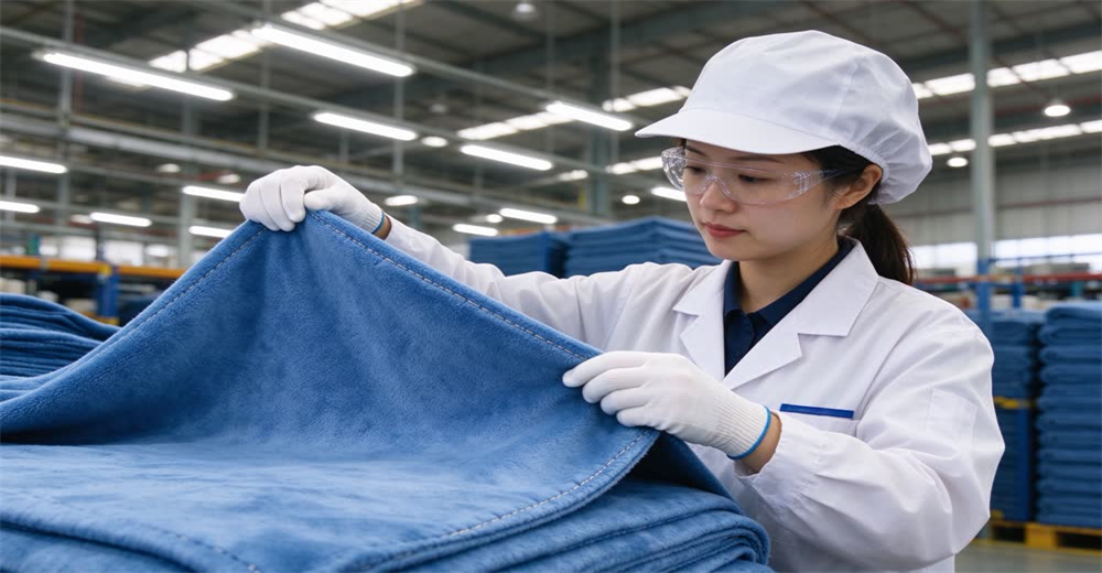 Eye-level view of QC inspector in blue uniform checking folded blanket dimensions in bright warehouse showing quality control process