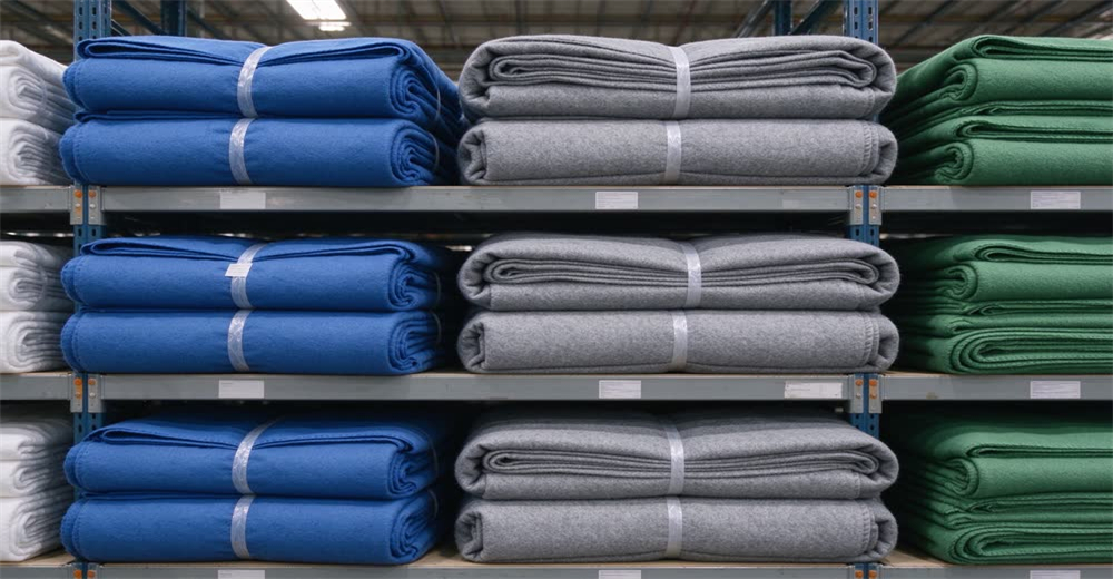 Wide warehouse aisle view of shelves neatly stocked with folded blue emergency blankets showing bulk relief supply storage