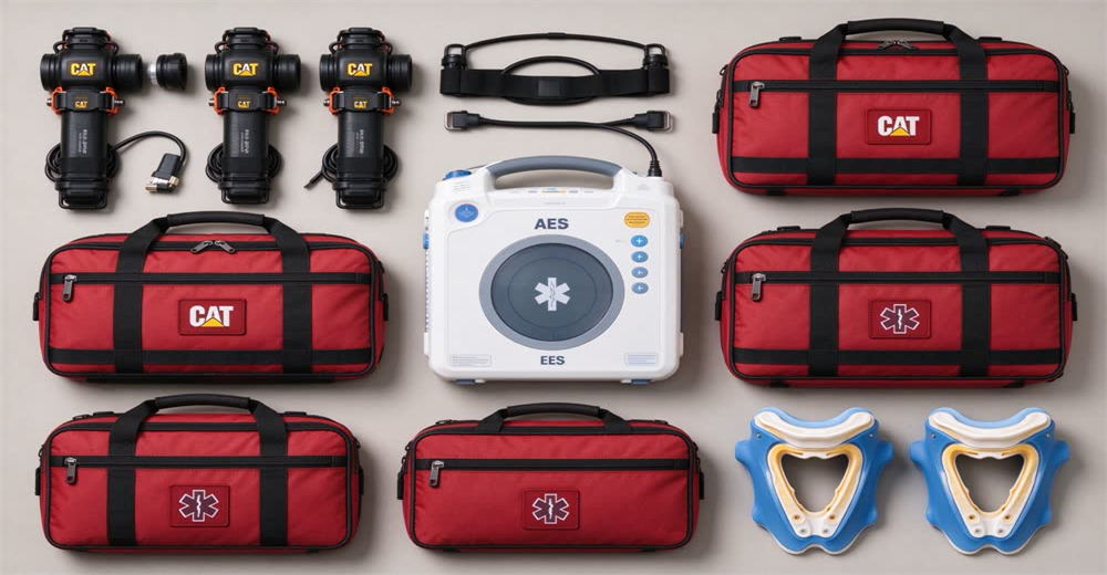 Flat lay product family of mass casualty trauma equipment including tourniquets shears chest seals AED and first aid kits