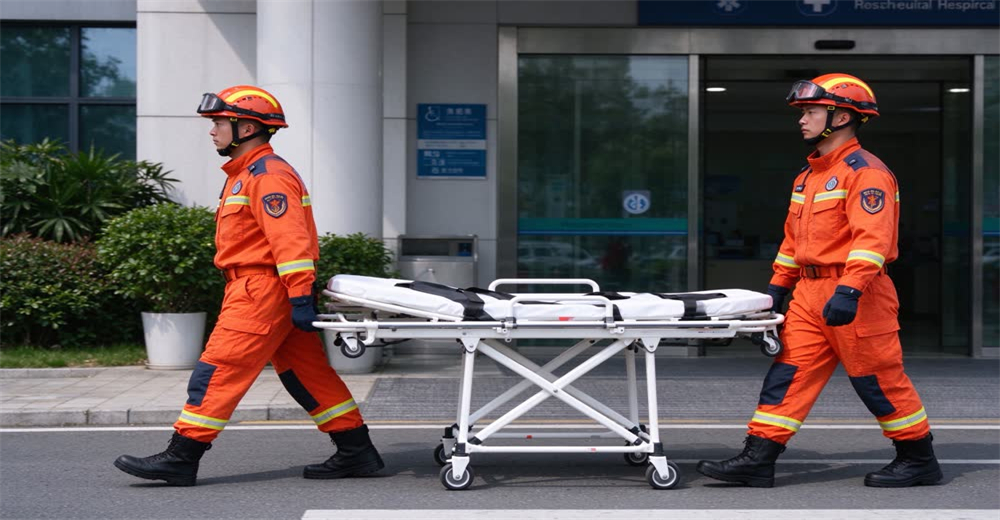 Wide view of two responders carrying patient on wheeled stretcher at mass casualty scene showing patient transport Wide view of two responders carrying patient on wheeled stretcher at mass casualty scene showing patient transport