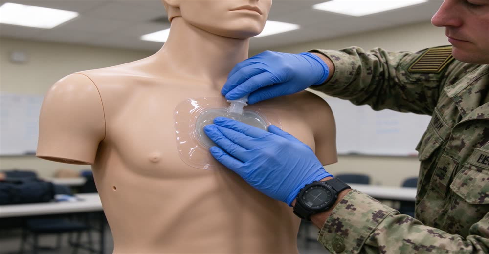 Close-up of responder applying chest seal dressing to penetrating chest wound during trauma training