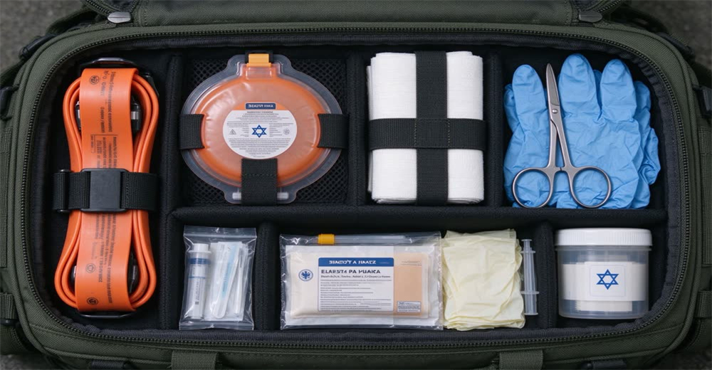 Top-down view of open green tactical medical backpack with organized trauma supplies showing tactical response bags