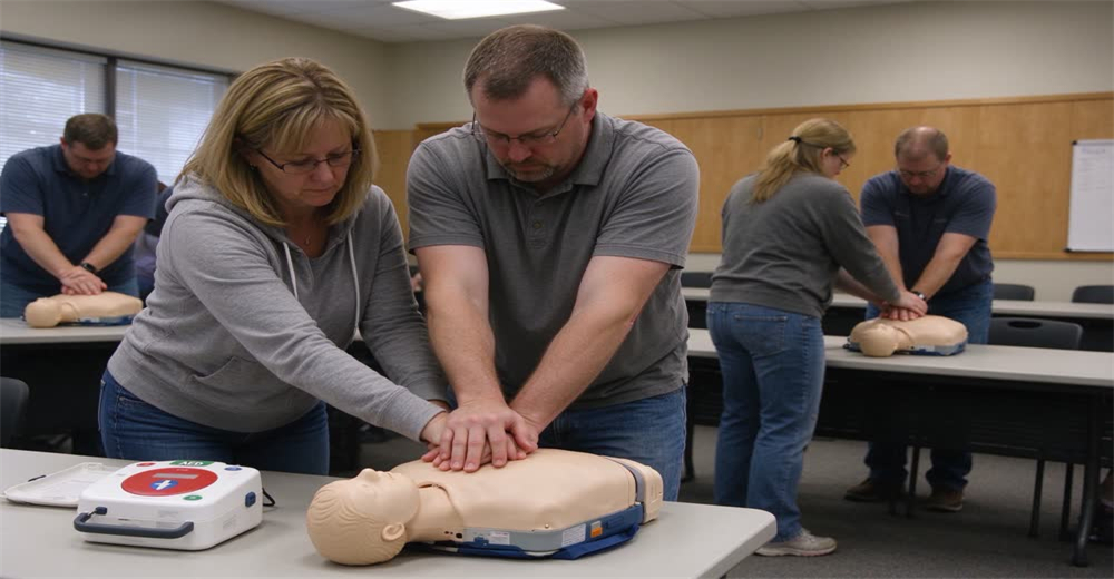 Wide view of students practicing CPR and AED use in certified training course showing mass casualty preparedness certification