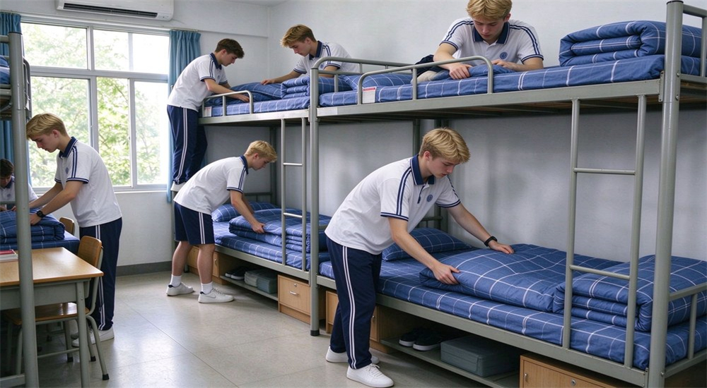 Complete school dormitory room with bunk beds, bedding and an emergency kit, showing how wholesale school dormitory bedding supplies outfit boarding rooms for student accommodation procurement Complete school dormitory room with bunk beds, bedding and an emergency kit, showing how wholesale school dormitory bedding supplies outfit boarding rooms for student accommodation procurement