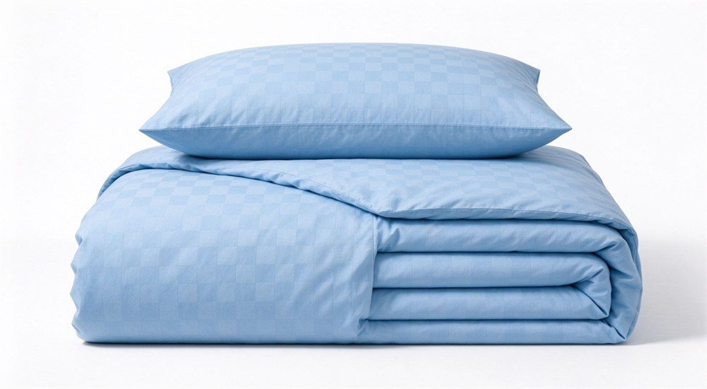Light blue plaid school bedding set on white background for school bedding wholesale catalogs, showing coordinated pillowcase fitted sheet and duvet cover for school dormitory textile supply