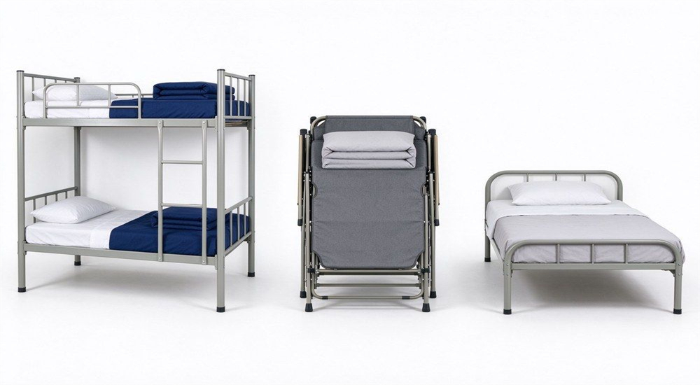 Three school bed types bunk folding cot comparison for school bed supplier selection, showing double decker bunk beds, folding cots and single frames for dormitory furniture wholesale Three school bed types bunk folding cot comparison for school bed supplier selection, showing double decker bunk beds, folding cots and single frames for dormitory furniture wholesale