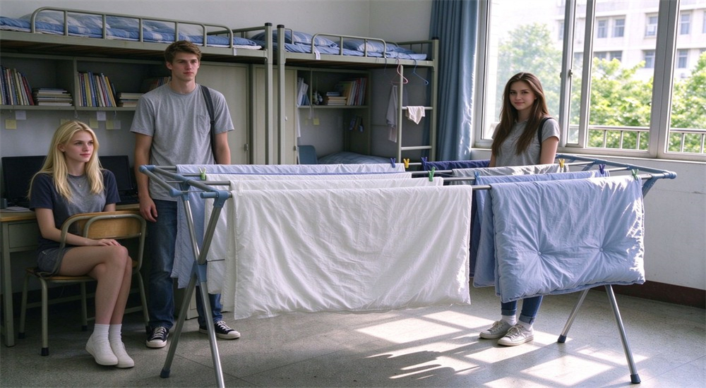 School dormitory laundry drying rack scene for bedding care and student accommodation, showing how wholesale school bedding sets are aired and maintained in boarding school dormitories School dormitory laundry drying rack scene for bedding care and student accommodation, showing how wholesale school bedding sets are aired and maintained in boarding school dormitories
