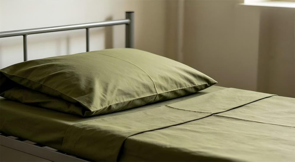 Military bedding in five fabric colour options arranged on a cot for military bedding wholesale collection display for military bedding wholesale supplier colour range selection Military bedding in five fabric colour options arranged on a cot for military bedding wholesale collection display for military bedding wholesale supplier colour range selection