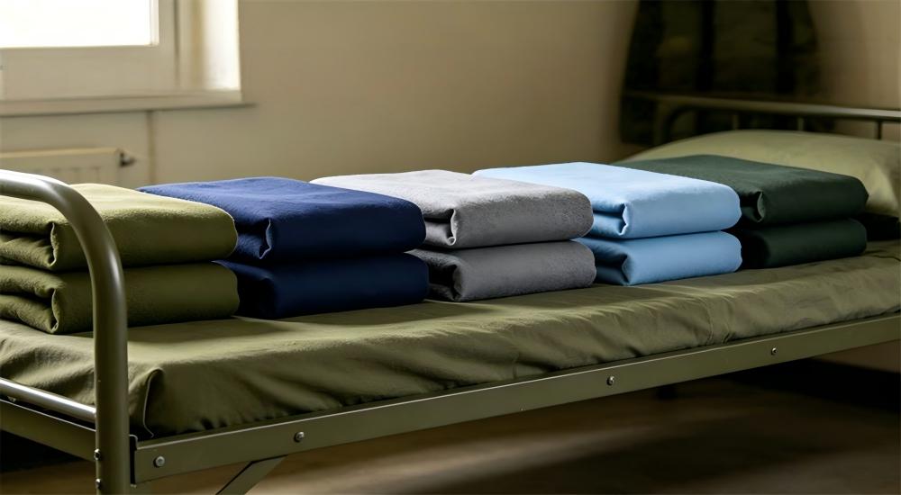 Olive green military comforter folded neatly on a cot for bulk military textiles accommodation supply for military textiles wholesale accommodation and shelter programs Olive green military comforter folded neatly on a cot for bulk military textiles accommodation supply for military textiles wholesale accommodation and shelter programs