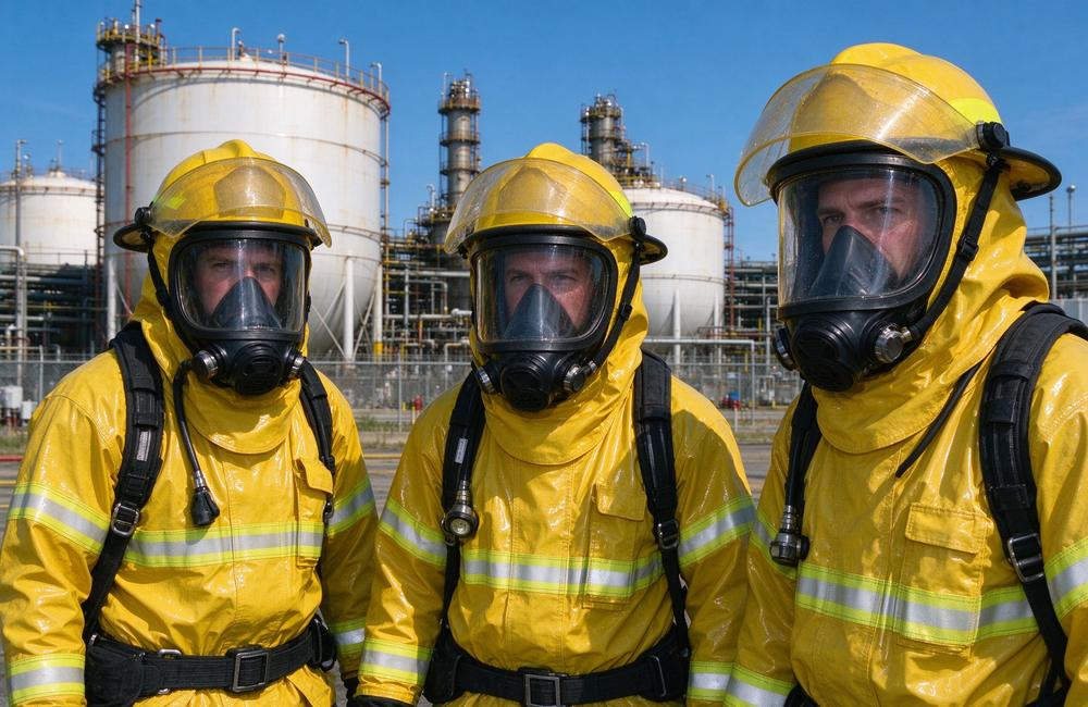 Eye-level view of firefighter hazmat suit team in gas tight ensembles for fire resistant chemical suit wholesale supply and chemical emergency response operations
