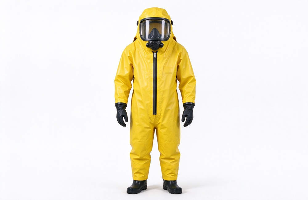 Close-up view of yellow chemical protective fire resistant chemical suit for firefighting full front view for firefighter hazmat suit protection and chemical protective clothing bulk procurement