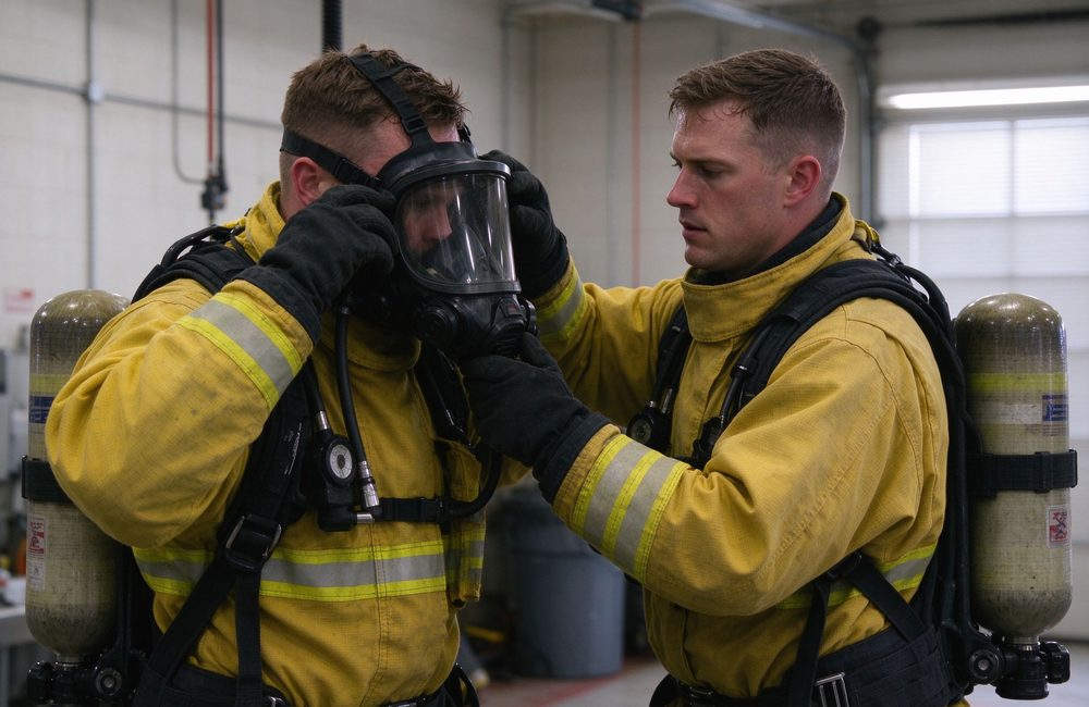 Night-time view of firefighter in hazmat suit with SCBA for yellow chemical protective fire resistant chemical suit respiratory protection and firefighter hazmat suit complete protection system