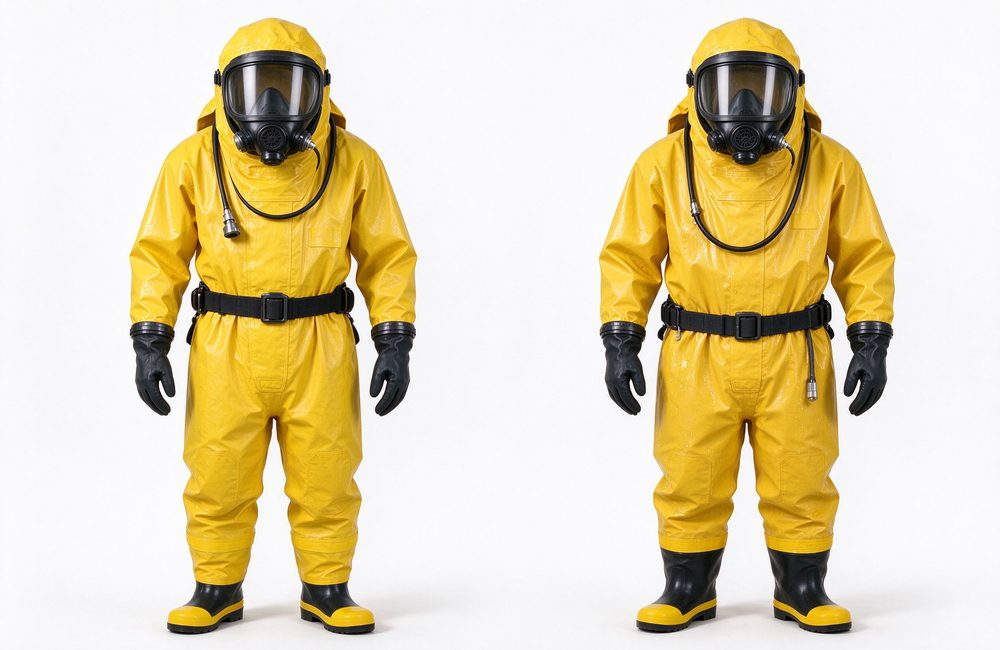 Detail view view of chemical emergency response vehicle with firefighter hazmat suits for yellow chemical protective fire resistant chemical suit rapid deployment and chemical protective clothing logistics