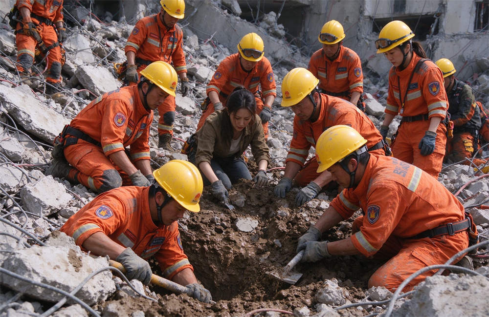 Western rescue team in orange uniforms digging through rubble, diverse group of men and women working together.
