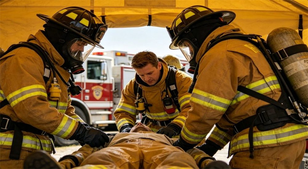 Firefighters perform casualty rescue operation under yellow emergency shelter tent Firefighters perform casualty rescue operation under yellow emergency shelter tent