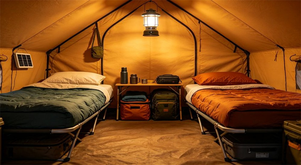 Remote camp tent interior with folding mattresses and bedding sets for worker comfort Remote camp tent interior with folding mattresses and bedding sets for worker comfort