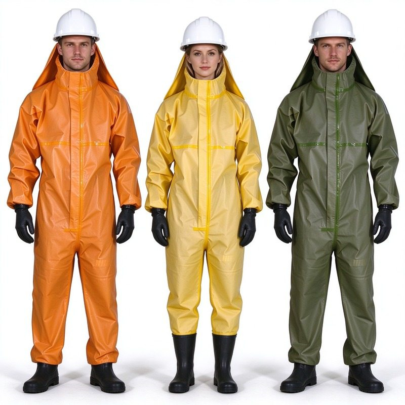 Three full body chemical resistant coveralls in orange,yellow and olive green, fitted with safety helmets, black protective gloves and rubber boots, heavy duty industrial hazmat suits Three full body chemical resistant coveralls in orange,yellow and olive green, fitted with safety helmets, black protective gloves and rubber boots, heavy duty industrial hazmat suits