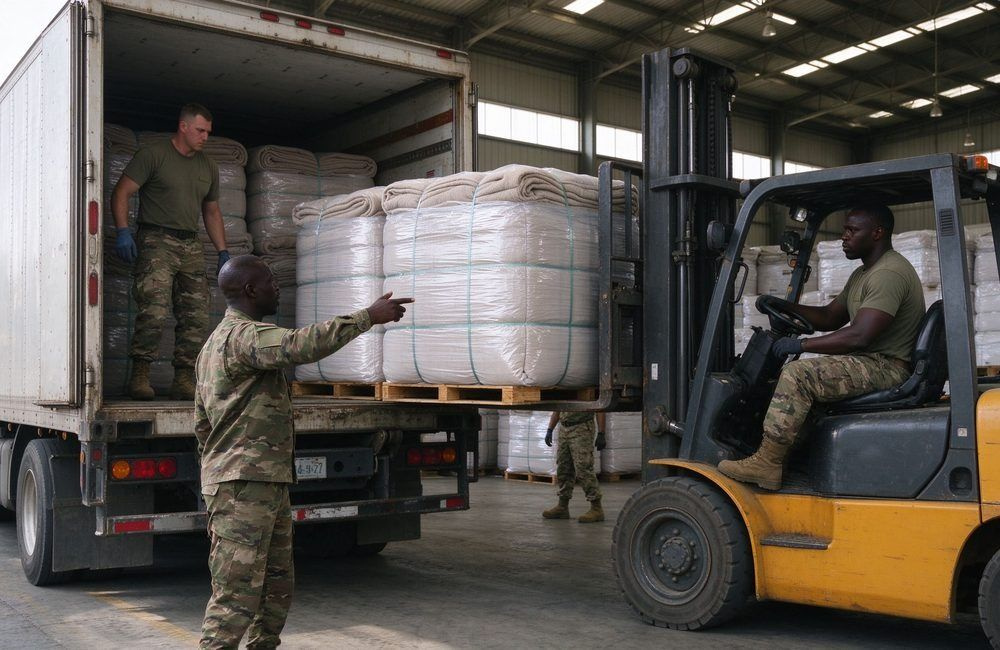 African soldiers directing forklift unloading of compressed relief blanket bales at a bright military warehouse, showing military relief supplies logistics handling
