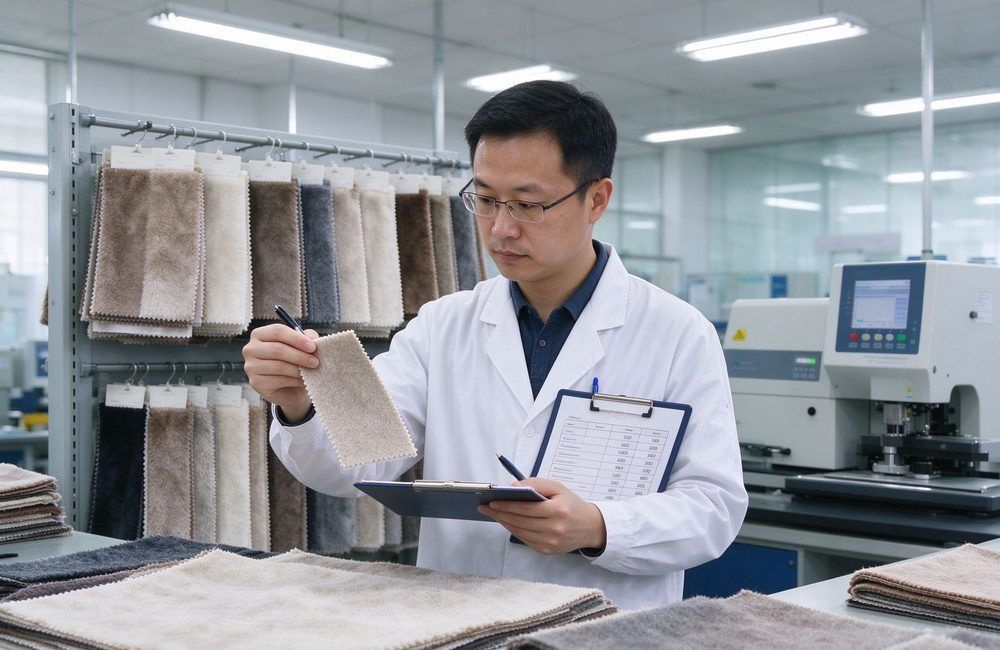 Asian quality worker in a white lab coat comparing a fabric sample with data on a record board in a bright textile laboratory, showing national stockpile blankets quality testing for government programs