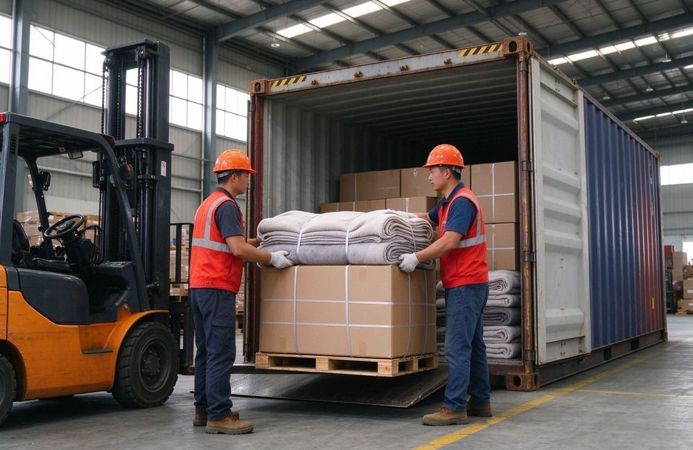 Container loading of humanitarian relief blankets cartons at a bright dock with workers and forklift, showing NGO bulk order relief supplies ocean freight