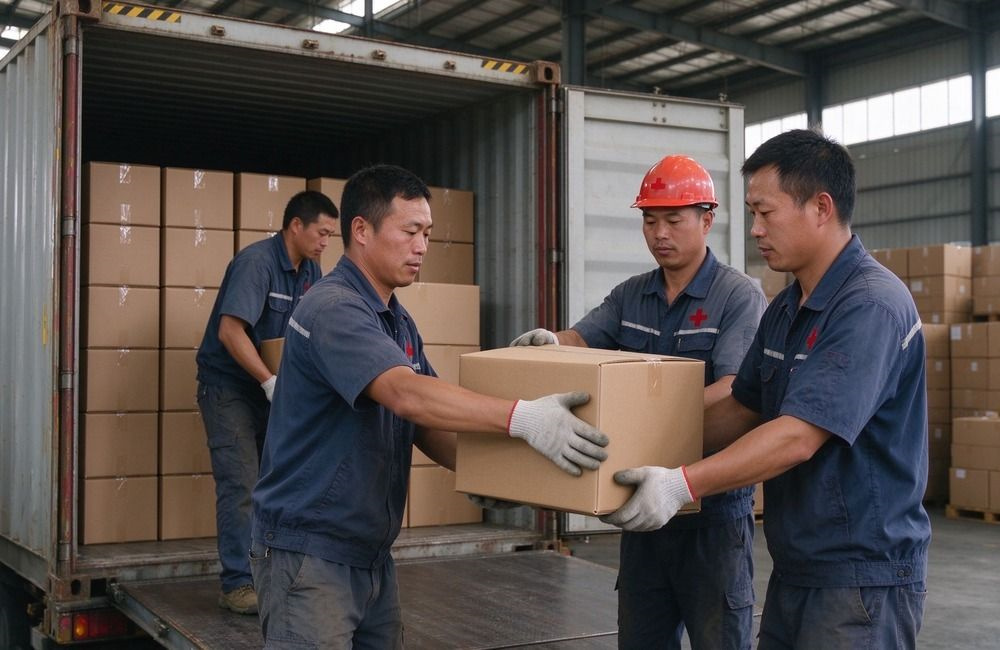 Container ship dock with relief blanket containers being loaded at a bright port, showing NGO bulk order relief supplies delivery logistics