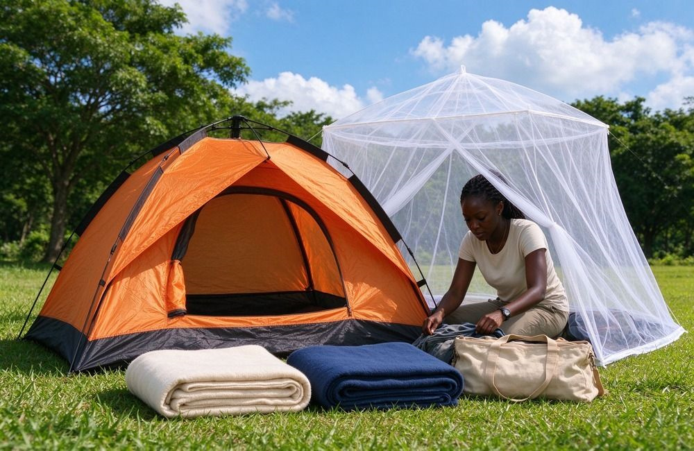 Complete UN approved relief blankets kit with flannel and fleece blankets, tent, mosquito net and hygiene items on a bright surface, showing humanitarian relief blankets for UNHCR and NGO procurement in Africa