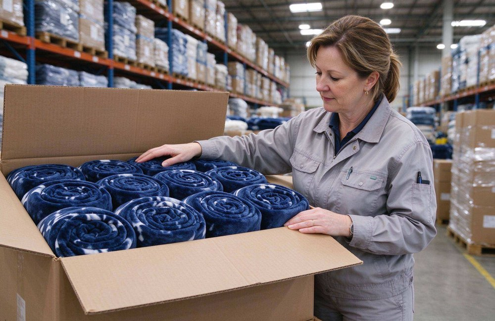 Warehouse staff opening a carton of humanitarian relief blankets for delivery inspection beside stacked bales in a bright warehouse, showing UN approved relief blankets quality check