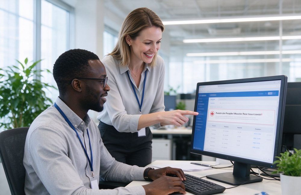 Supplier manager at an office desk reading UNGM tender alert emails, tracking UN approved relief blankets opportunities for humanitarian procurement programs