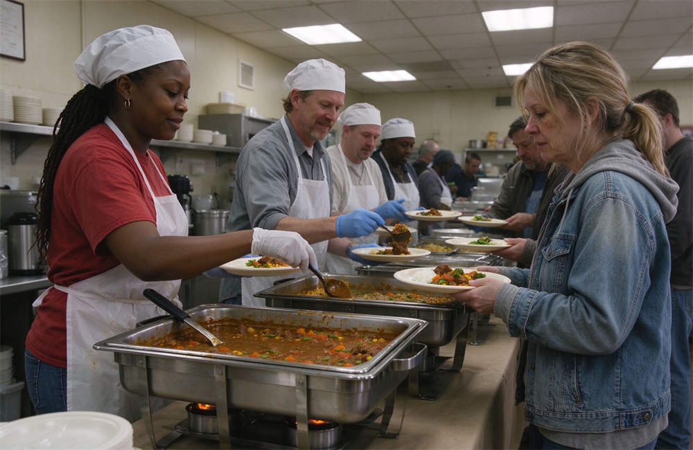 Volunteer serving hot meal in relief shelter kitchen, food safety emergency supplies for disaster relief mass feeding operations and emergency food distribution programs