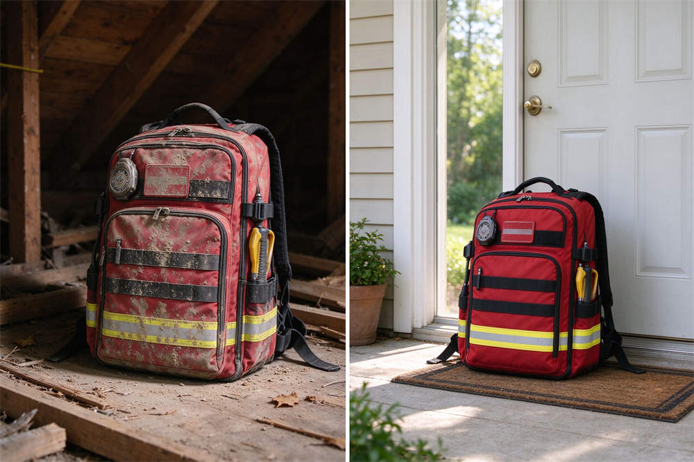 Emergency kit storage best practices comparison: wrong attic storage vs correct front door location, go bag essentials checklist tips Emergency kit storage best practices comparison: wrong attic storage vs correct front door location, go bag essentials checklist tips