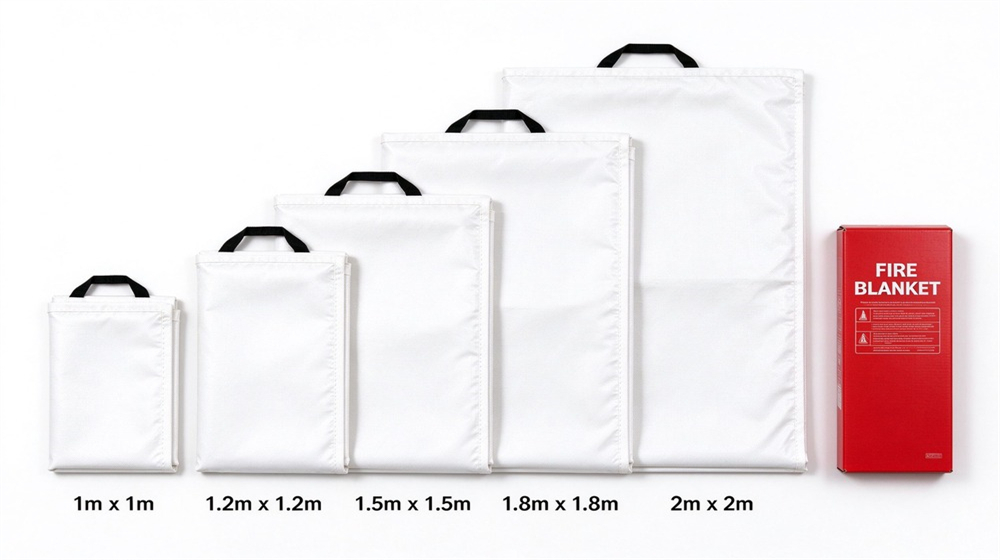 Five fire blankets in red packaging boxes of increasing size from small kitchen to large industrial, lined up on light gray background with English size labels
