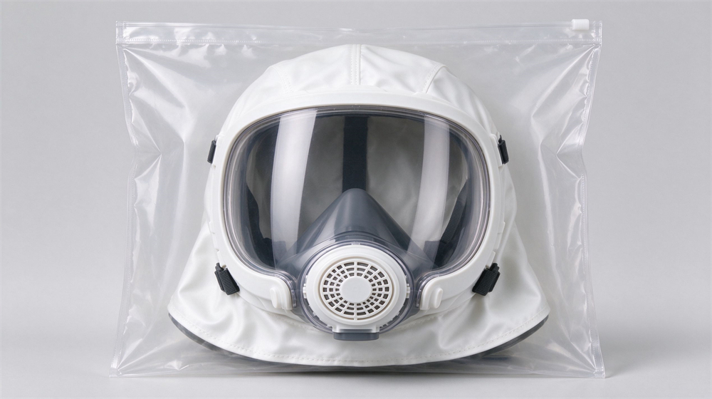 Studio product shot on light gray background of a white silicone consumer fire escape hood with clear visor and circular breathing filter, sealed inside a clear blank plastic pouch, product centered filling eighty percent of frame Studio product shot on light gray background of a white silicone consumer fire escape hood with clear visor and circular breathing filter, sealed inside a clear blank plastic pouch, product centered filling eighty percent of frame