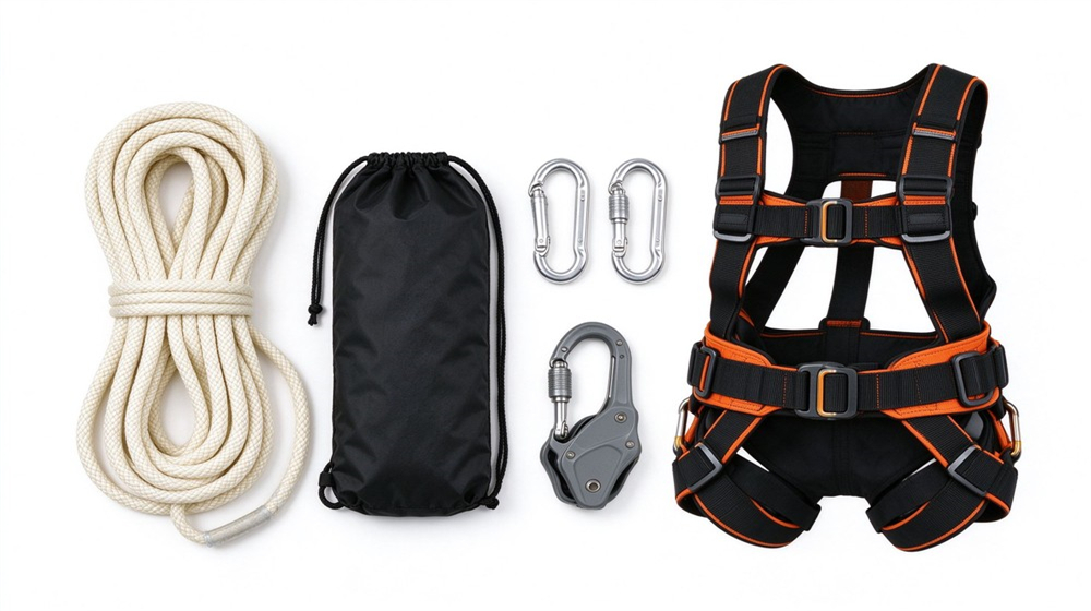 Studio product display on light gray background of an escape rope and safety harness family: multiple rope colors and harness sizes laid out side by side, steel carabiners and descenders included, clean catalog style photography