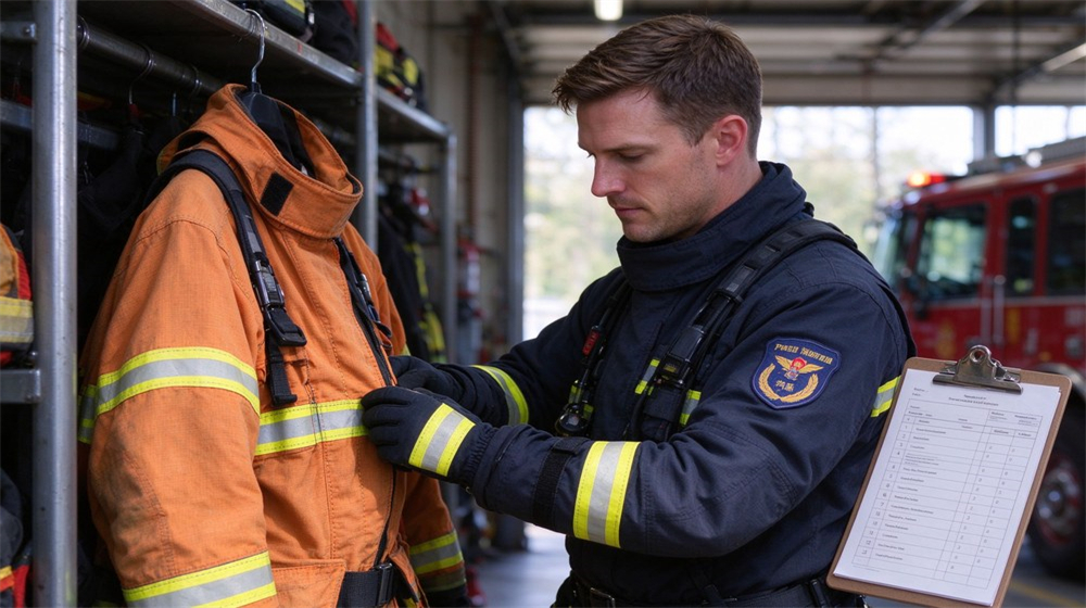 Fire service officer in dark turnout uniform checking and inspecting orange fire protective jacket, holding clipboard with inspection checklist inside equipment storage room Fire service officer in dark turnout uniform checking and inspecting orange fire protective jacket, holding clipboard with inspection checklist inside equipment storage room