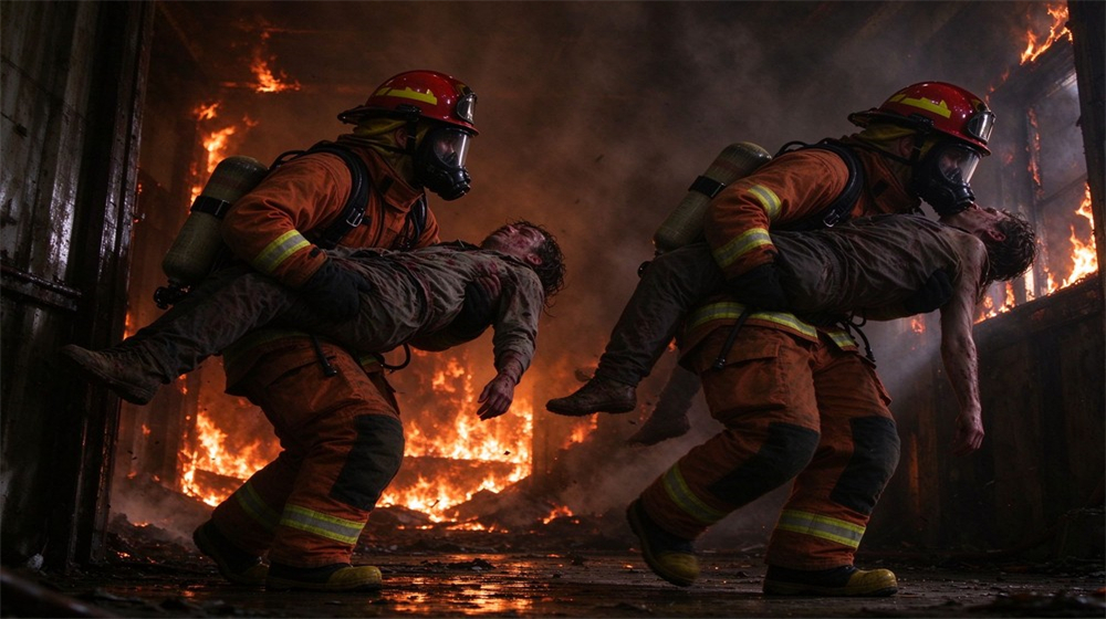 Firefighter rescue scene with two firefighters in full gear carrying a covered casualty on a stretcher across wet pavement away from smoke, orange reflection on turnout gear, daytime, covered patient with no visible wounds