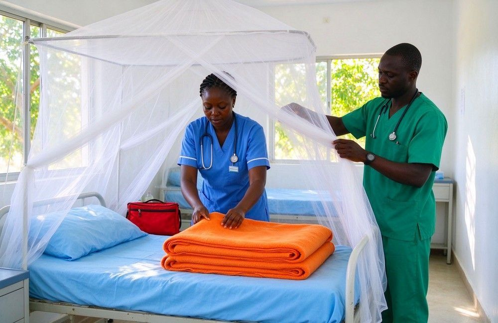Bright clinic ward in Africa with mosquito nets over treatment beds and clean bedding, showing malaria prevention supplies for health facilities