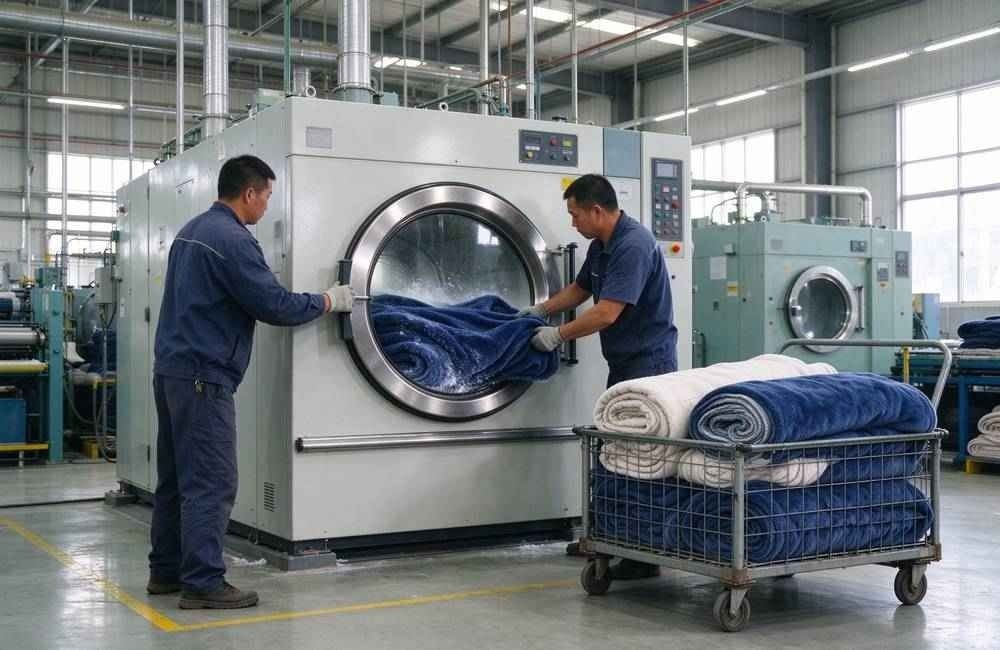Large industrial laundry machines processing blankets and bedding for disinfection in a health program facility, showing bedding that survives disinfection in health programs