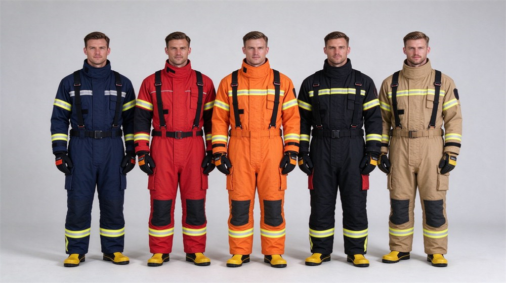 Studio product shot of firefighter turnout gear family in five colors laid out flat on light gray background: tan, navy, black, red and orange turnout coats with matching pants, reflective trim visible Studio product shot of firefighter turnout gear family in five colors laid out flat on light gray background: tan, navy, black, red and orange turnout coats with matching pants, reflective trim visible