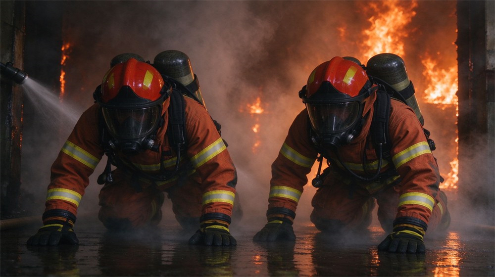 Rescue scene of a firefighter in full SCBA and orange turnout gear crawling through thick smoke inside a training tower, low posture with hand on floor, face mask fully covering face Rescue scene of a firefighter in full SCBA and orange turnout gear crawling through thick smoke inside a training tower, low posture with hand on floor, face mask fully covering face