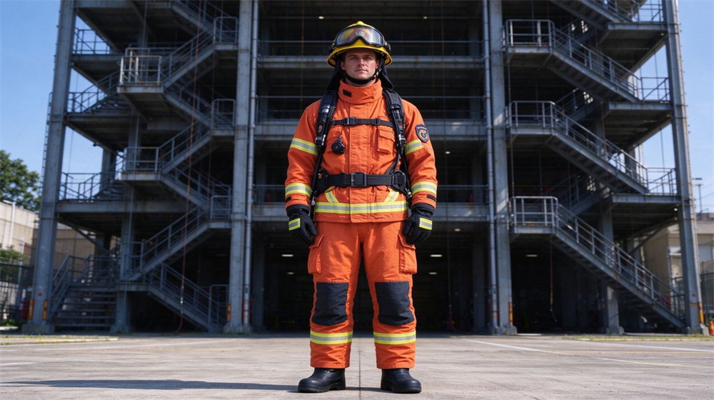 Full body outdoor shot of a Caucasian firefighter in orange turnout gear and yellow helmet standing at a training tower, gear complete, daylight drill ground Full body outdoor shot of a Caucasian firefighter in orange turnout gear and yellow helmet standing at a training tower, gear complete, daylight drill ground