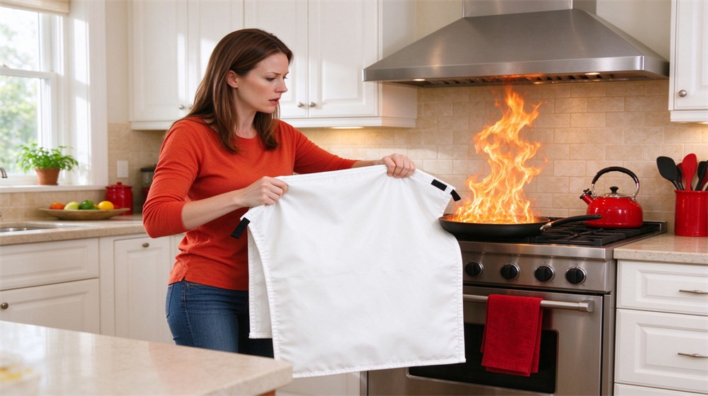 Realistic kitchen scene of a woman covering a small pan fire on a stovetop with a red fire blanket, flames suppressed, bright modern kitchen interior Realistic kitchen scene of a woman covering a small pan fire on a stovetop with a red fire blanket, flames suppressed, bright modern kitchen interior