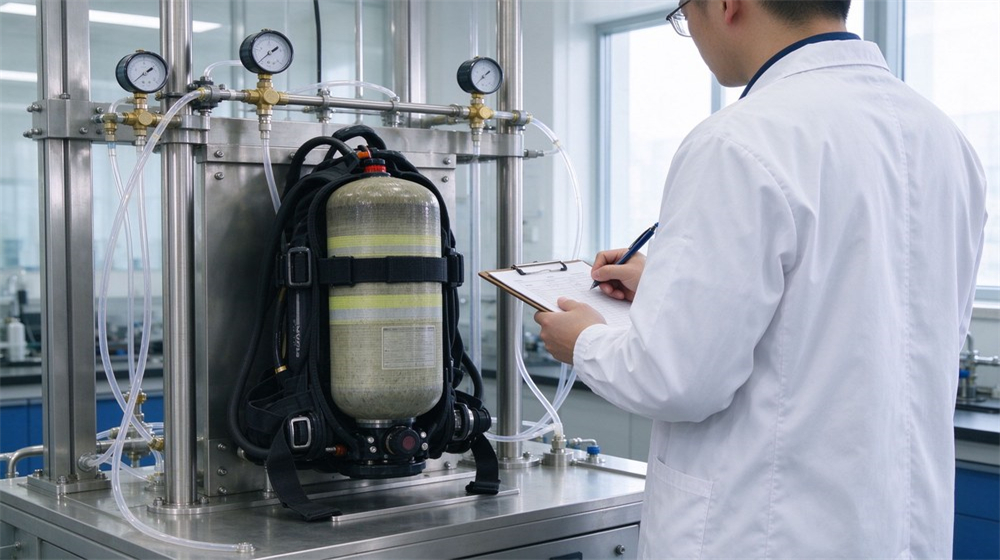 Clean laboratory scene with an Asian male QC inspector operating a test bench to check SCBA air tightness and pressure gauge readings, digital display visible, stainless steel worktable Clean laboratory scene with an Asian male QC inspector operating a test bench to check SCBA air tightness and pressure gauge readings, digital display visible, stainless steel worktable