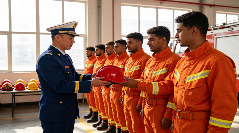 Fire station bay scene of a uniformed procurement officer handing fire helmets to a line of firefighters in turnout gear, organized issuance, apparatus bay background Fire station bay scene of a uniformed procurement officer handing fire helmets to a line of firefighters in turnout gear, organized issuance, apparatus bay background