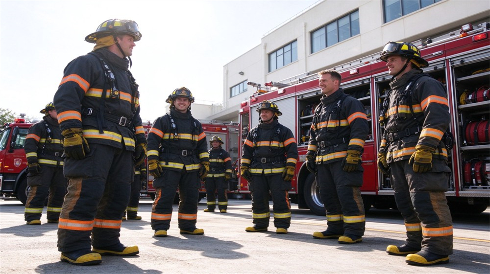Outdoor scene of a four person firefighter team in full turnout gear and helmets standing ready for dispatch at a fire station, equipment complete, daylight Outdoor scene of a four person firefighter team in full turnout gear and helmets standing ready for dispatch at a fire station, equipment complete, daylight