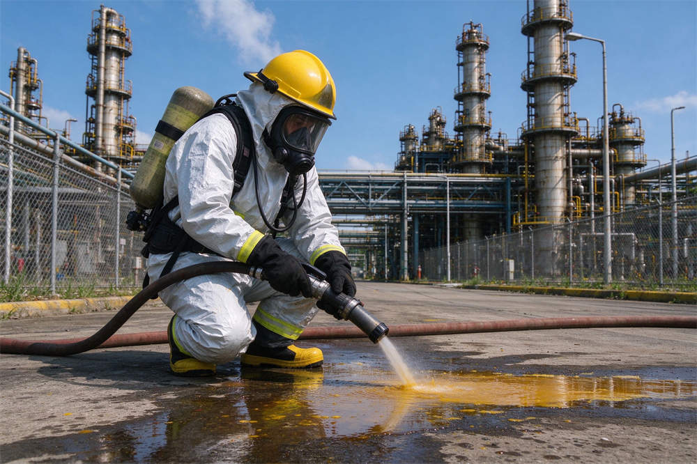 Chemical emergency kit HazMat response scene with rescue workers in chemical protective suits at industrial spill site, PPE equipment for safety Chemical emergency kit HazMat response scene with rescue workers in chemical protective suits at industrial spill site, PPE equipment for safety