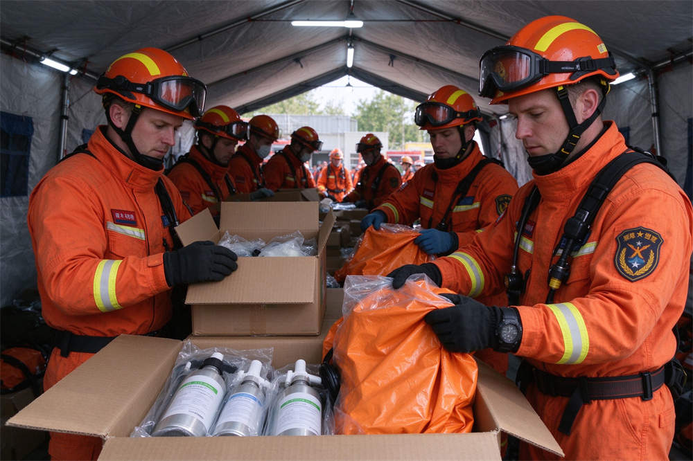Chemical spill response PPE distribution by rescue workers opening supply boxes, bulk HazMat supplies for emergency teams Chemical spill response PPE distribution by rescue workers opening supply boxes, bulk HazMat supplies for emergency teams
