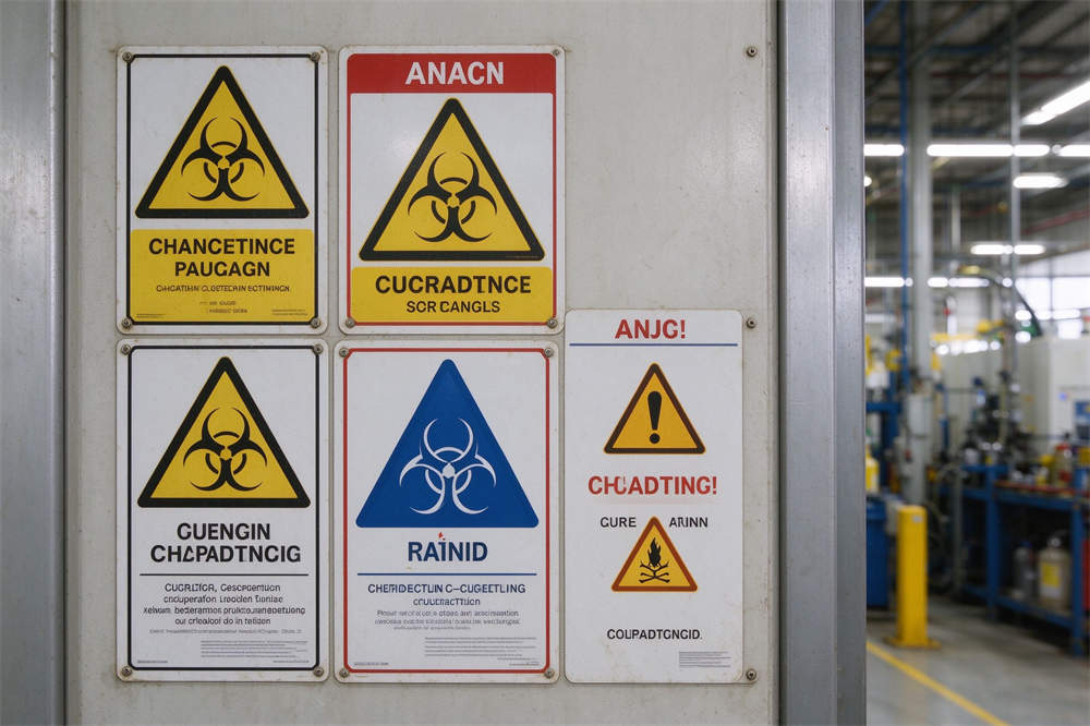 Hazard communication signs on safety wall, chemical warning symbols for HazMat training and emergency preparedness Hazard communication signs on safety wall, chemical warning symbols for HazMat training and emergency preparedness